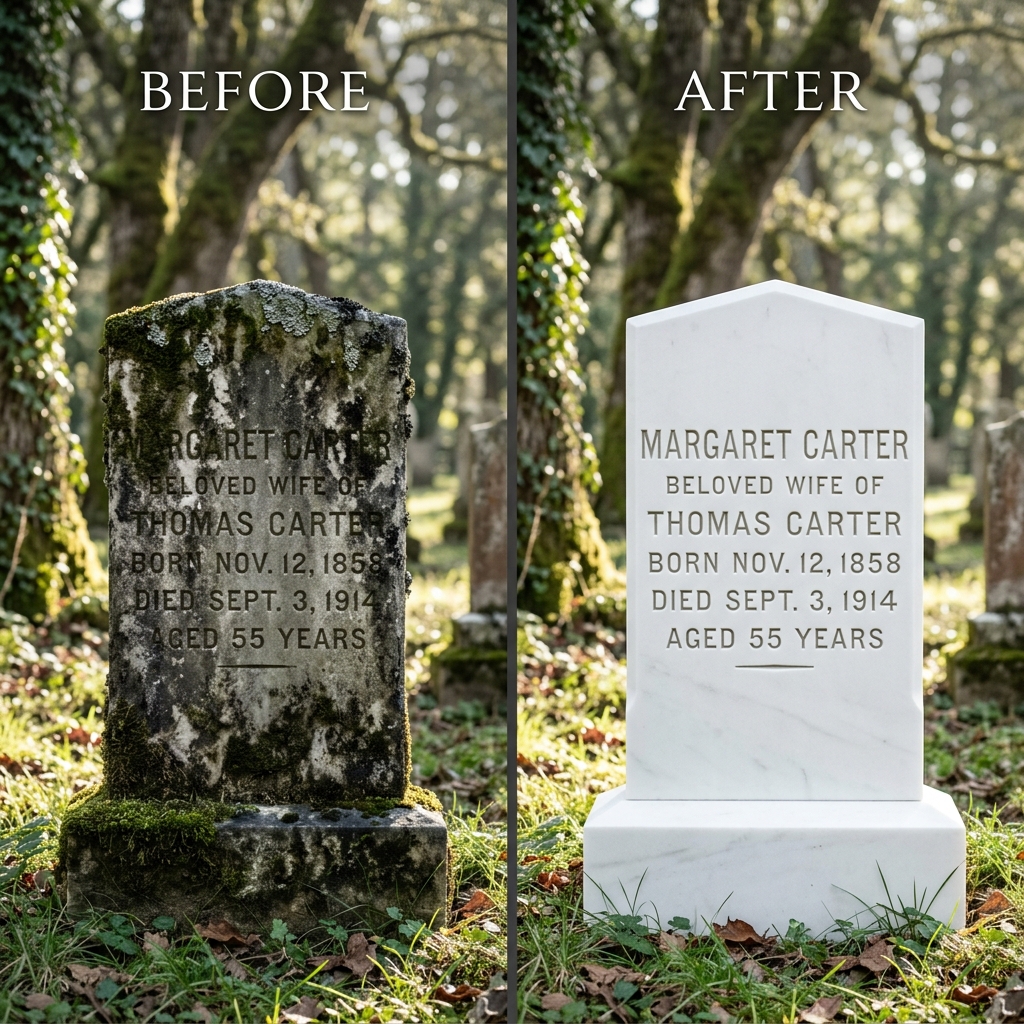 Before and After Headstone Restoration by Sacred Ground Care